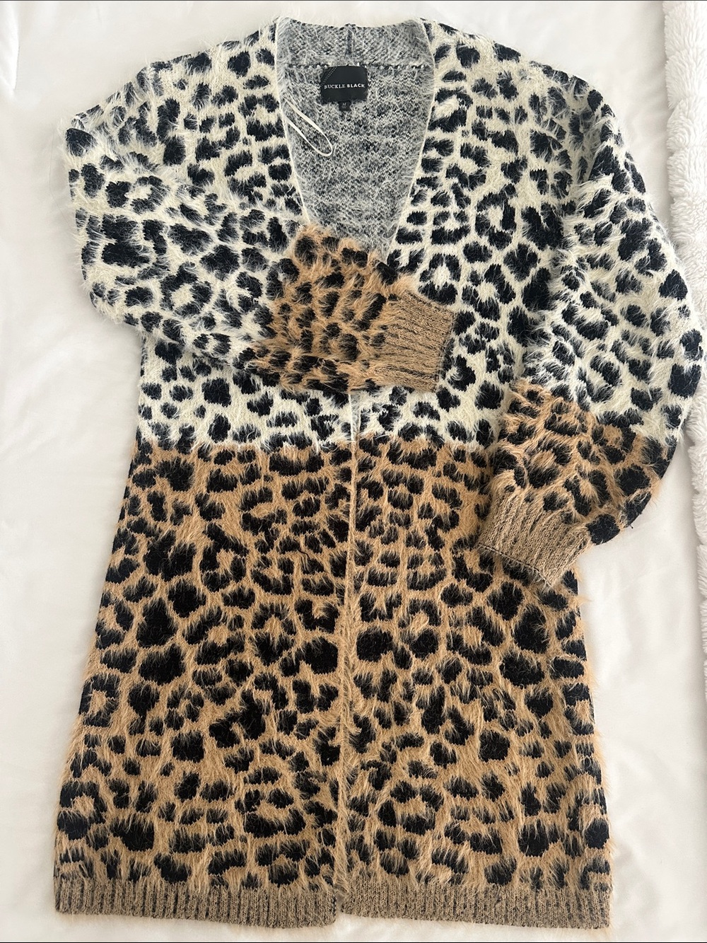 Buckle Leopard Print Long Cardigan in Cream, Black & Brown